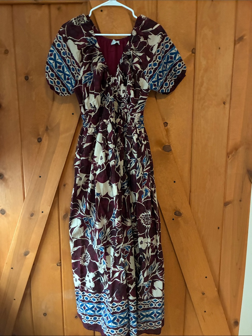 Dress Forum Women's Burgundy Floral Midi Dress with Blue Accents